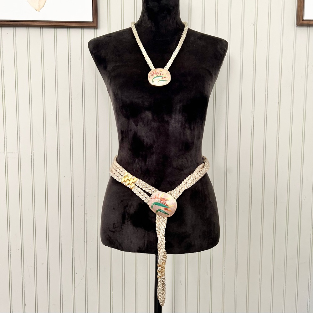 Silk Rope Belt and Necklace Set with Cloisonné Enamel Buckle and Pendant